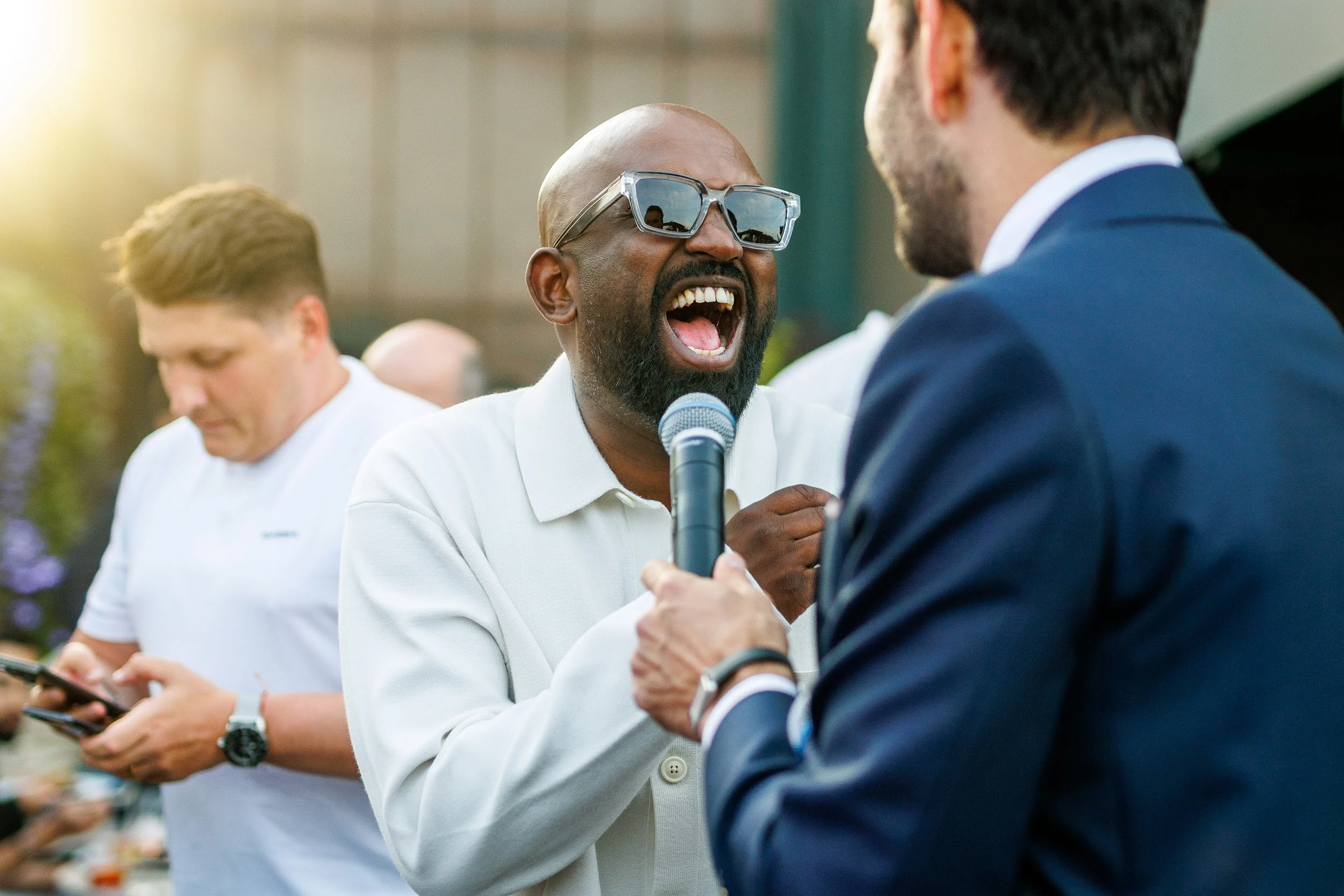 Live host speaking with a guest